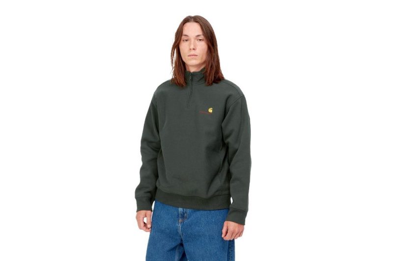 carhartt wip half zip american script sweatshirt gruen i027014 owe xx 03 dark cedar 1