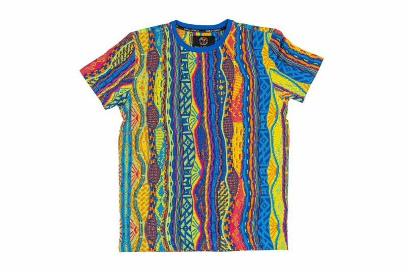 carlo colucci t shirt knit print blau gelb grun